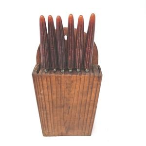 6 Regent Sheffield Steak Knives Stainless Bakelite Faux Antler Handle VTG Block